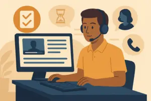 Ilustración conceptual de un agente de call center recibiendo formación digital a través de píldoras de microlearning en distintos dispositivos.