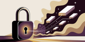 Ilustración de un candado con rayos de luz y datos digitales fluyendo a través de él, simbolizando la ciberseguridad y la protección de la información.