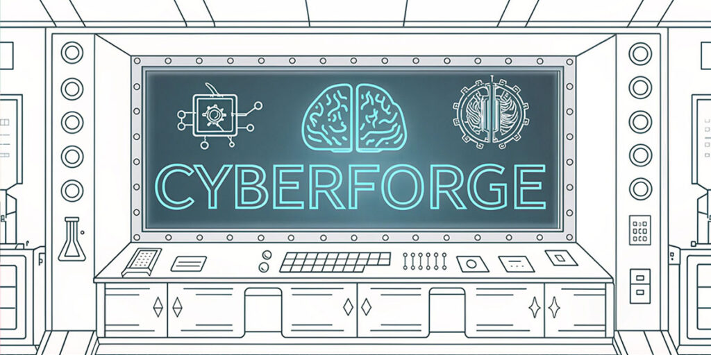 Ilustración de una pantalla futurista con el logo de CyberForge y símbolos de ciberseguridad e inteligencia artificial en un laboratorio tecnológico.