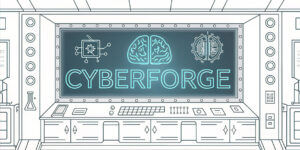 Ilustración de una pantalla futurista con el logo de CyberForge y símbolos de ciberseguridad e inteligencia artificial en un laboratorio tecnológico.