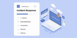 Ilustración de una interfaz de usuario con una lista de tareas sobre respuesta a incidentes en ciberseguridad, con un fondo azul y un candado digital.