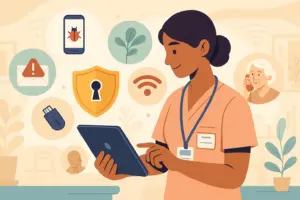 Ilustración con candado, libros y una TV retro representando el curso "Historias Ciberconectadas", impulsado por Clariane para formar a sus empleados en ciberseguridad.