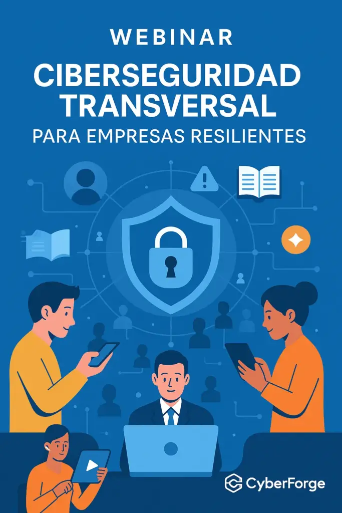 Webinar de ciberseguridad organizado por CyberForge y SmartMobile, con íconos de candado y personas conectadas online.