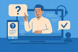 Ilustración de soporte inteligente con asistente virtual en pantalla, representando ayuda contextual en plataformas de formación online.