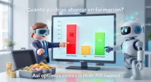 Gráfico comparativo de ahorro en costes de formación con y sin ADI Support, junto a un robot y un ejecutivo virtual