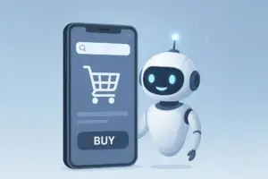 Ilustración de asistente virtual con inteligencia artificial ayudando en el proceso de pago de cursos online