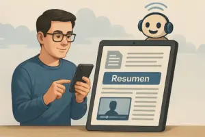 Asistente virtual ADI generando resúmenes inteligentes en tiempo real dentro de la plataforma e-learning SmartMobile, con tonos cálidos y estilo digital moderno