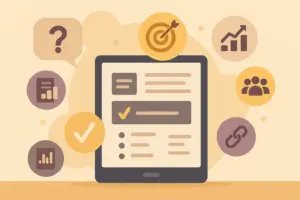 Ilustración de una tablet con iconos que representan personas, procesos y resultados, elementos clave de un LMS estratégico.