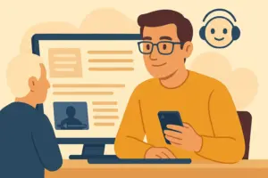 Ilustración de un entorno de formación digital donde una persona reflexiona frente a una pantalla con elementos visuales que representan análisis, objetivos y decisiones formativas.