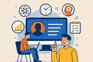 Ilustración colorida y moderna sobre tendencias en formación corporativa, con personajes interactuando con tecnología y elementos visuales que representan el aprendizaje digital.