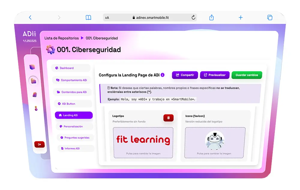 Interfaz de configuración de una landing page en ADI NEX con opciones de personalización y carga de contenidos