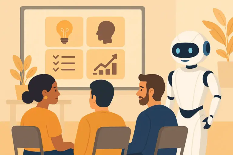 Group of people learning with an AI assistant in a modern digital training room.