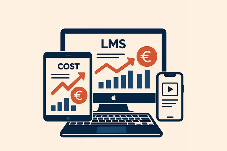 Ilustración vectorial de un MacBook, iPad y iPhone con gráficos de ahorro y una plataforma LMS, representando la digitalización de la formación en PYMES