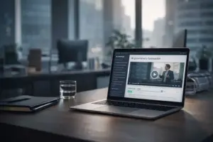 Bulegoan dagoen eramangarri bat, IA sortzaileari buruzko e-learning ikastaroa erakusten duena, moduluak, bideoa eta ikaskuntza-aurrerapena barne.