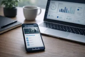 Smartphone con un curso de microlearning y portátil con analítica de formación en una oficina, aprendizaje mobile-first y medible.