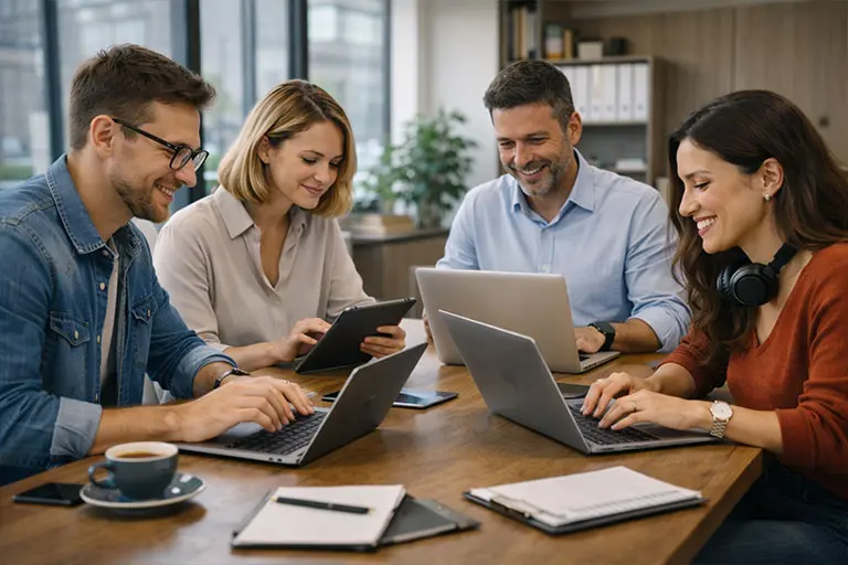 Profesionales en una reunión de trabajo, cada uno usando su propio dispositivo para acceder a formación online mediante una plataforma LMS