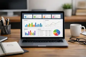 KPI panel eta analitika grafikoak dituen ordenagailu eramangarria bulego-mahai batean, enpresa-prestakuntzaren emaitzak neurtzeko.