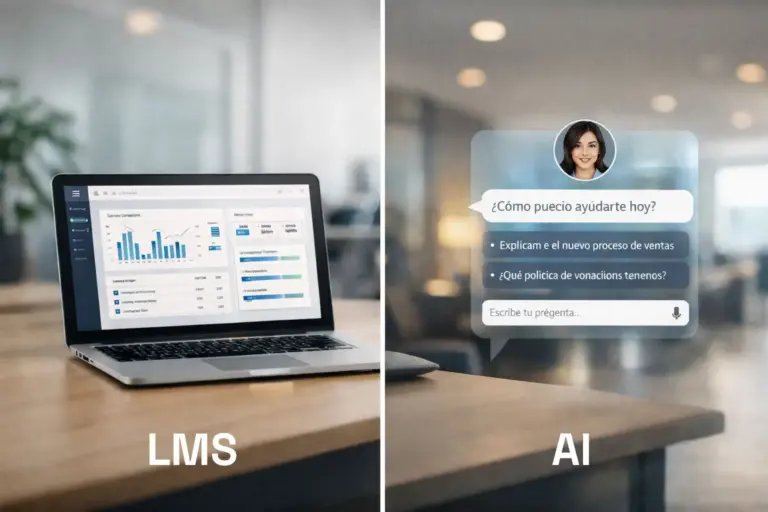 Featured image about choosing a corporate learning solution: two paths (platform and assistant) separated by a vertical center line, in a clean, sober style.