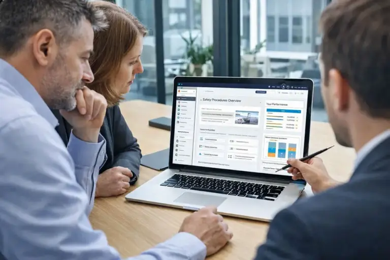 team reviewing corporate e-learning course on a learning platform after new SENCE training regulations