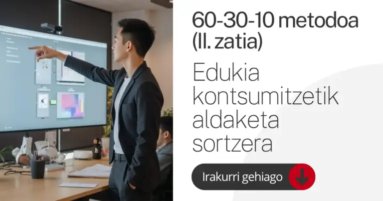 60-30-10 metodoaren bigarren zatiko azaleko irudia, edukia kontsumitzetik aldaketa sortzera igarotzeari buruzkoa