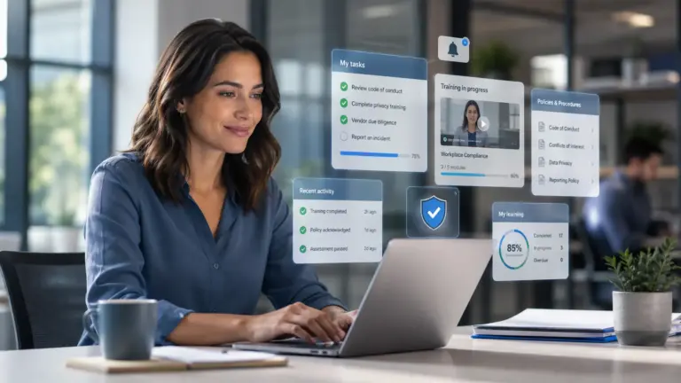 Profesional trabajando con portátil en una formación en compliance aplicada al trabajo real