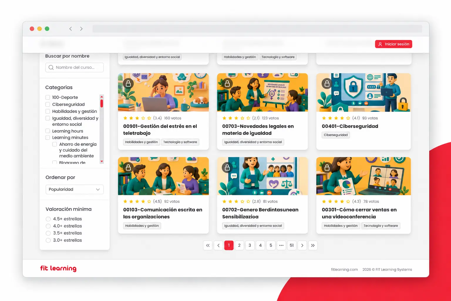 Categorías y contenidos del catálogo de cursos para empresas de FIT Learning