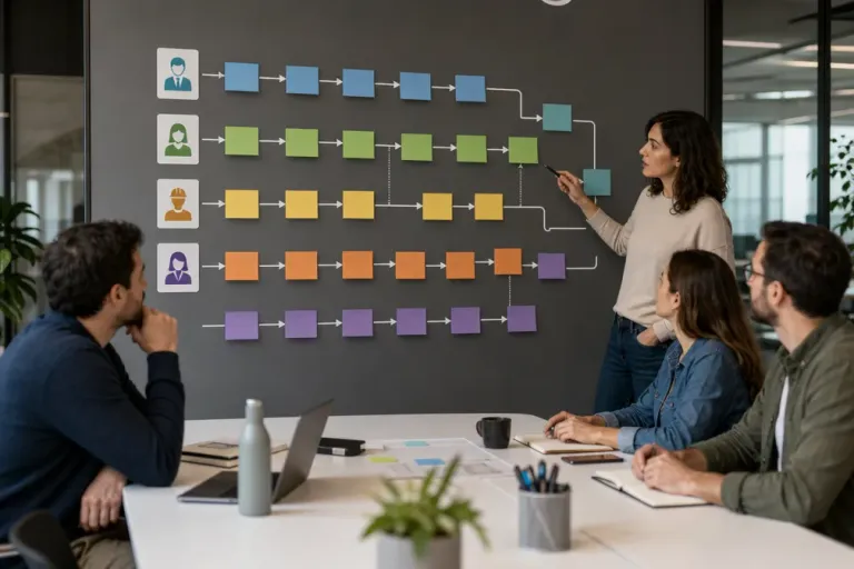 Mapa visual de itinerarios de aprendizaje digital por rol con bloques conectados para distintos perfiles de empresa