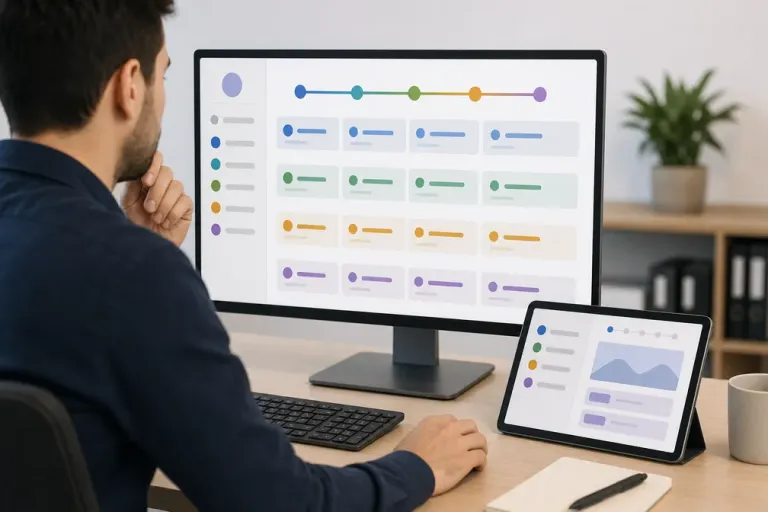 Empleado consultando una ruta de aprendizaje digital en una pantalla con módulos breves y ordenados por nivel