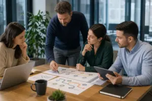 Portada con una escena corporativa sobria sobre planificación de formación digital por roles, con elementos visuales de itinerarios y aprendizaje en equipo