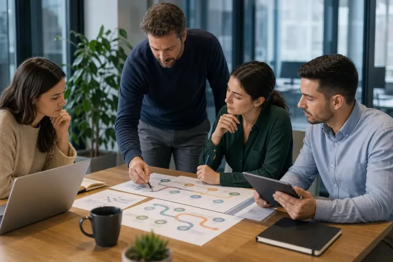 Portada con una escena corporativa sobria sobre planificación de formación digital por roles, con elementos visuales de itinerarios y aprendizaje en equipo
