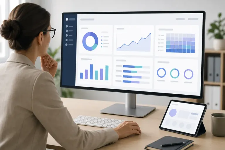 Responsable de formación revisando métricas en un panel de analítica de aprendizaje dentro de una plataforma digital corporativa