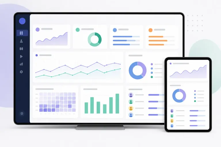 Pantalla de plataforma de formación digital con gráficos de actividad, finalización de cursos y participación de usuarios