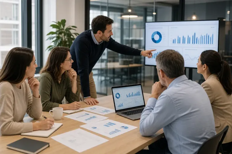 Equipo de RR. HH. y managers analizando resultados de formación digital y desempeño en una reunión