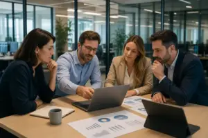 Imagen de portada en formato 768x512, estilo corporativo y limpio, mostrando a un equipo de RR. HH. y managers revisando métricas de formación digital y desempeño en un entorno de oficina moderno, sin texto en la imagen.