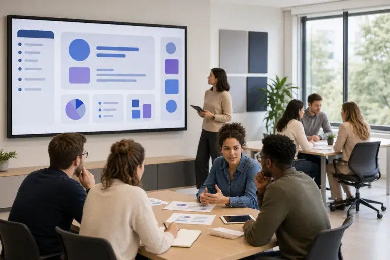 Mockup horizontal en 768x512 de una sesión de formación corporativa mixta con una pantalla mostrando contenidos digitales y una sala presencial con personas trabajando en grupo, estilo limpio y profesional, sin texto en la imagen