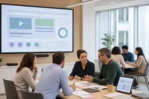 Mockup horizontal en 768x512 de una sesión de formación corporativa mixta: una pantalla con contenidos digitales y una sala presencial con personas trabajando en grupo, estilo limpio y profesional, sin texto en la imagen.