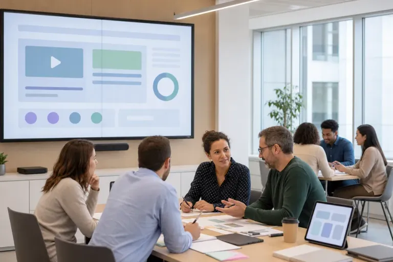 Mockup horizontal en 768x512 de una sesión de formación corporativa mixta: una pantalla con contenidos digitales y una sala presencial con personas trabajando en grupo, estilo limpio y profesional, sin texto en la imagen.